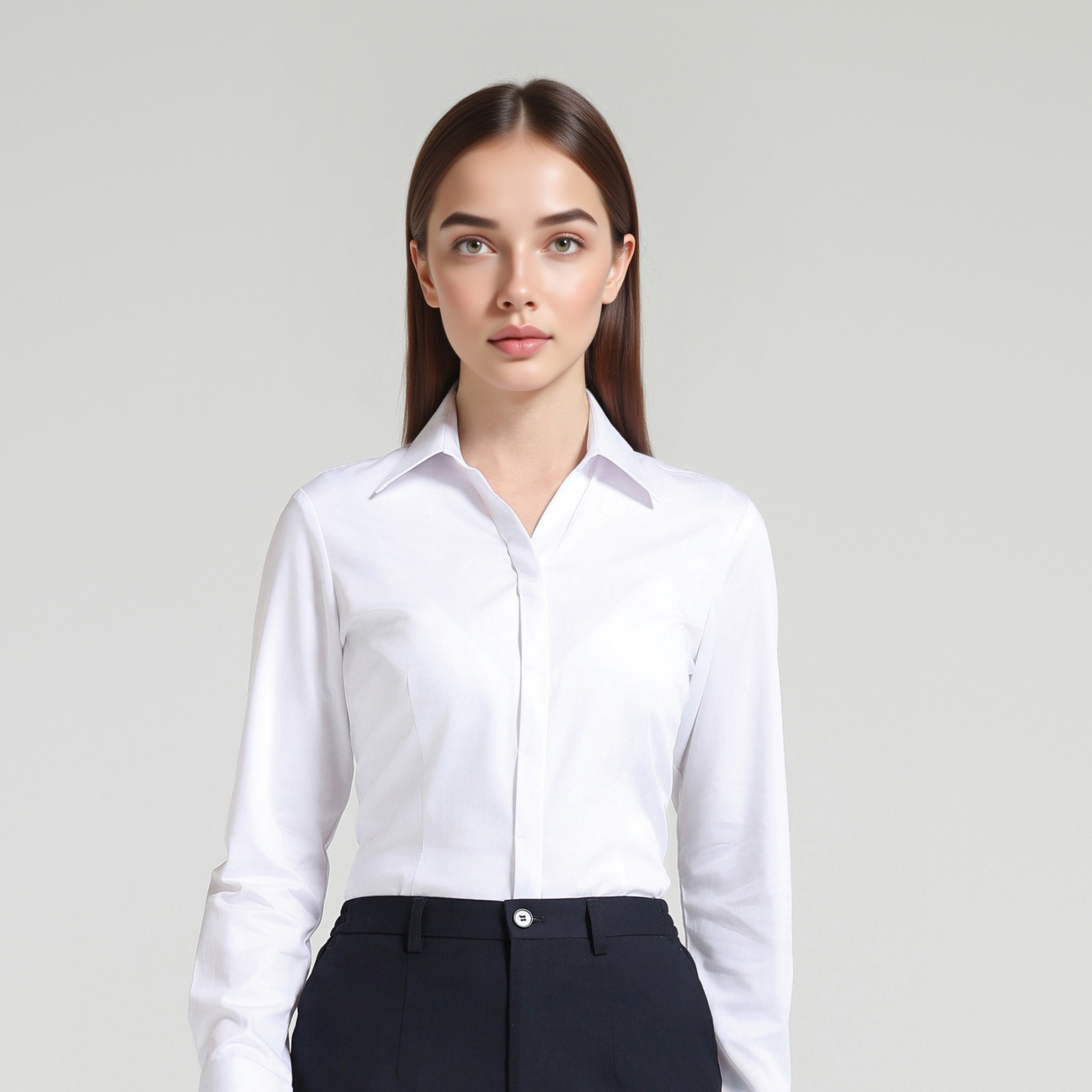 HT055-082 – White Women's V-Neck Long-Sleeve Concealed-Placket 50% Bamboo Fiber Stretch Shirt