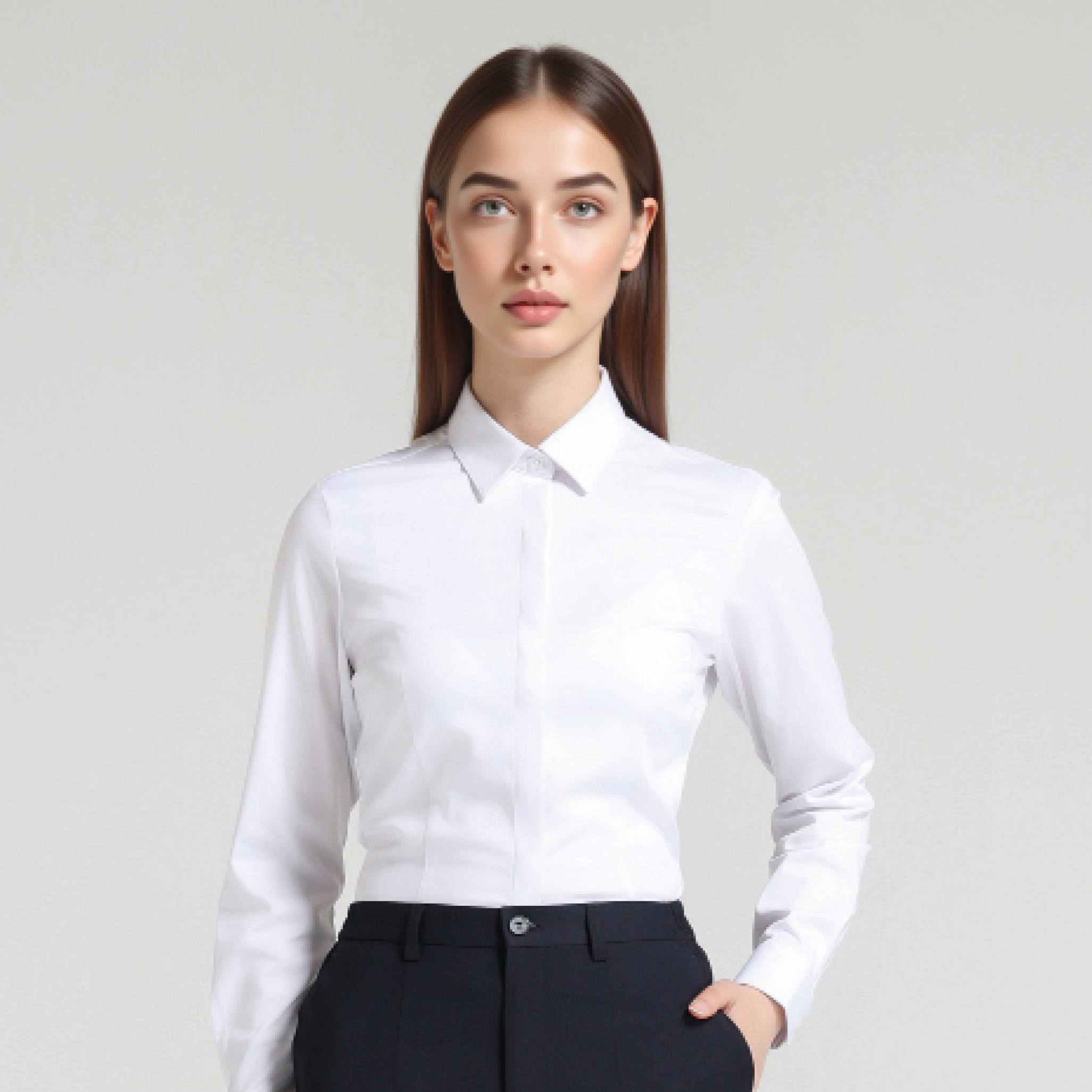 HT055-083 – White Women's Square-Collar Long-Sleeve Concealed-Placket 50% Bamboo Fiber Stretch Shirt