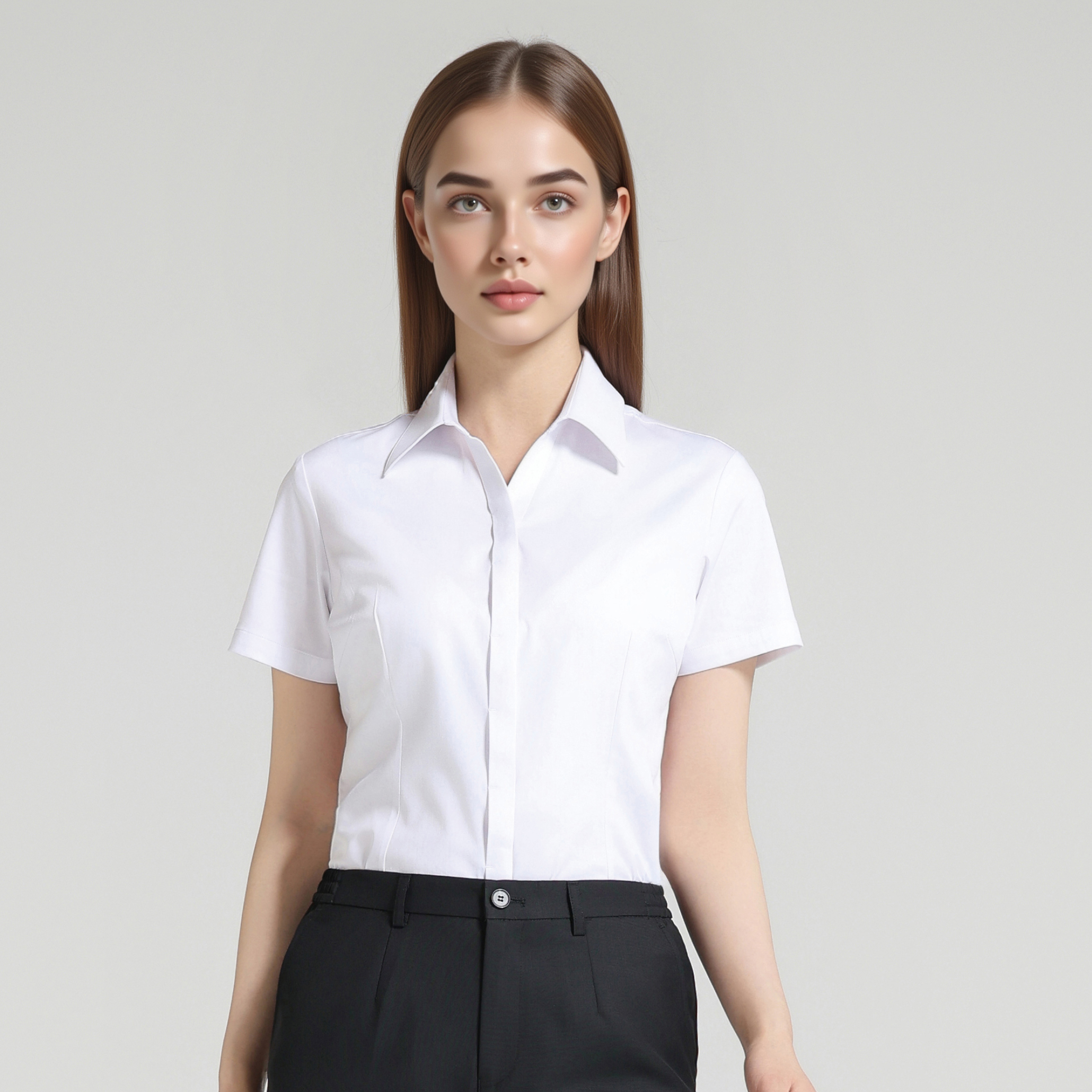 HT055-085 – White Women's V-Neck Short-Sleeve Concealed-Placket 50% Bamboo Fiber Stretch Shirt