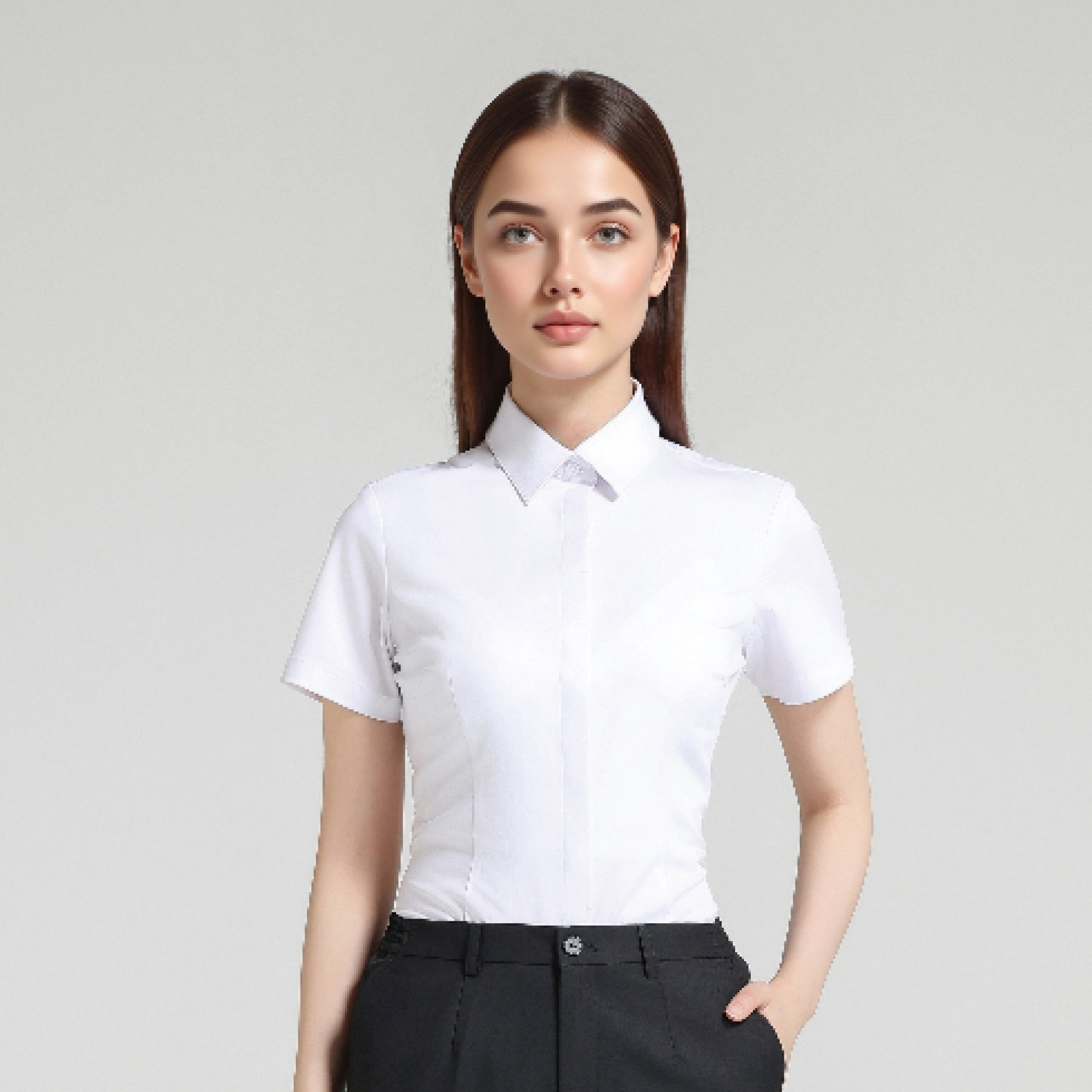 HT055-086 – White Women's Square-Collar Short-Sleeve Concealed-Placket 50% Bamboo Fiber Stretch Shirt