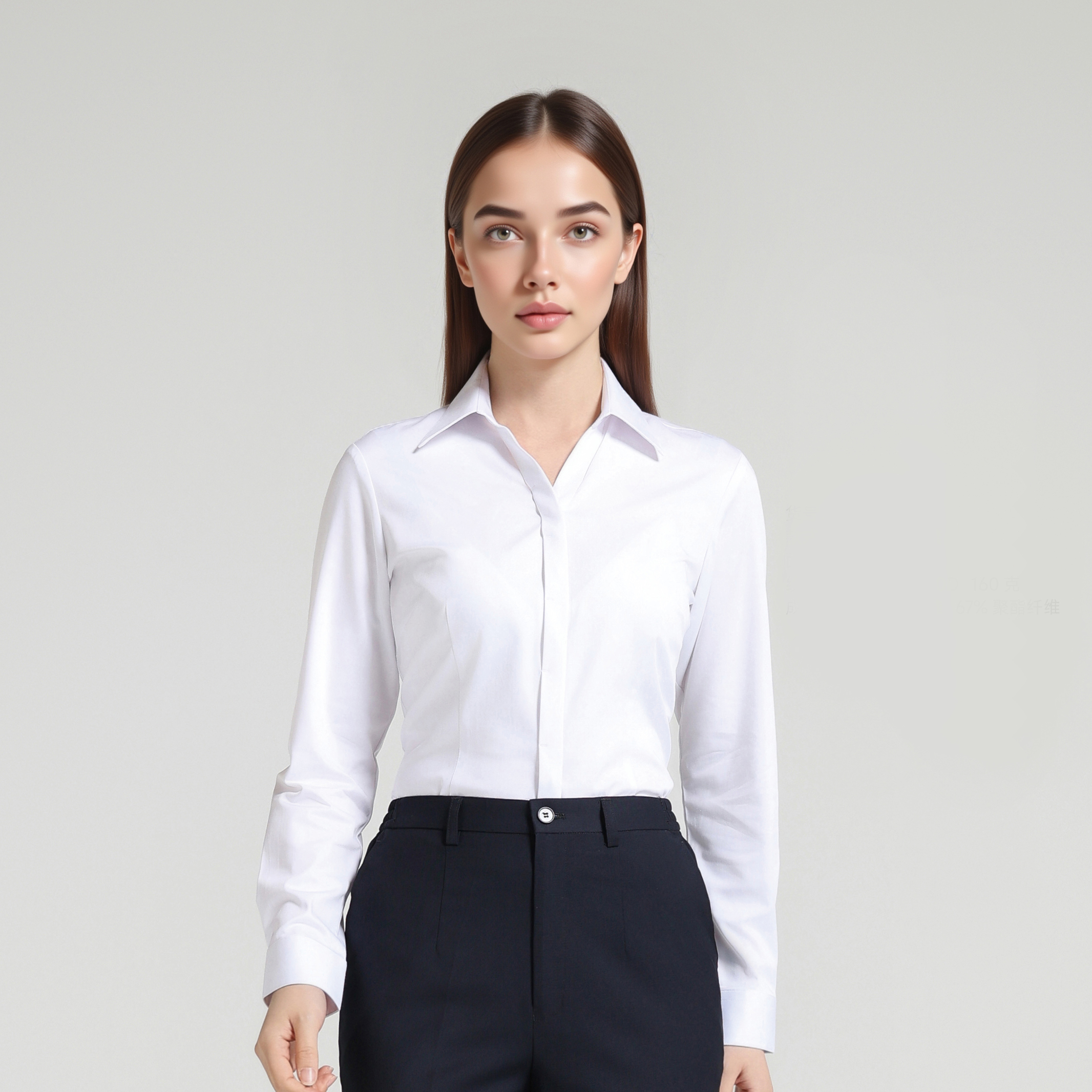 HT055-088 – White Women's V-Neck Long-Sleeve Concealed-Placket 30% Bamboo Fiber Stretch Shirt