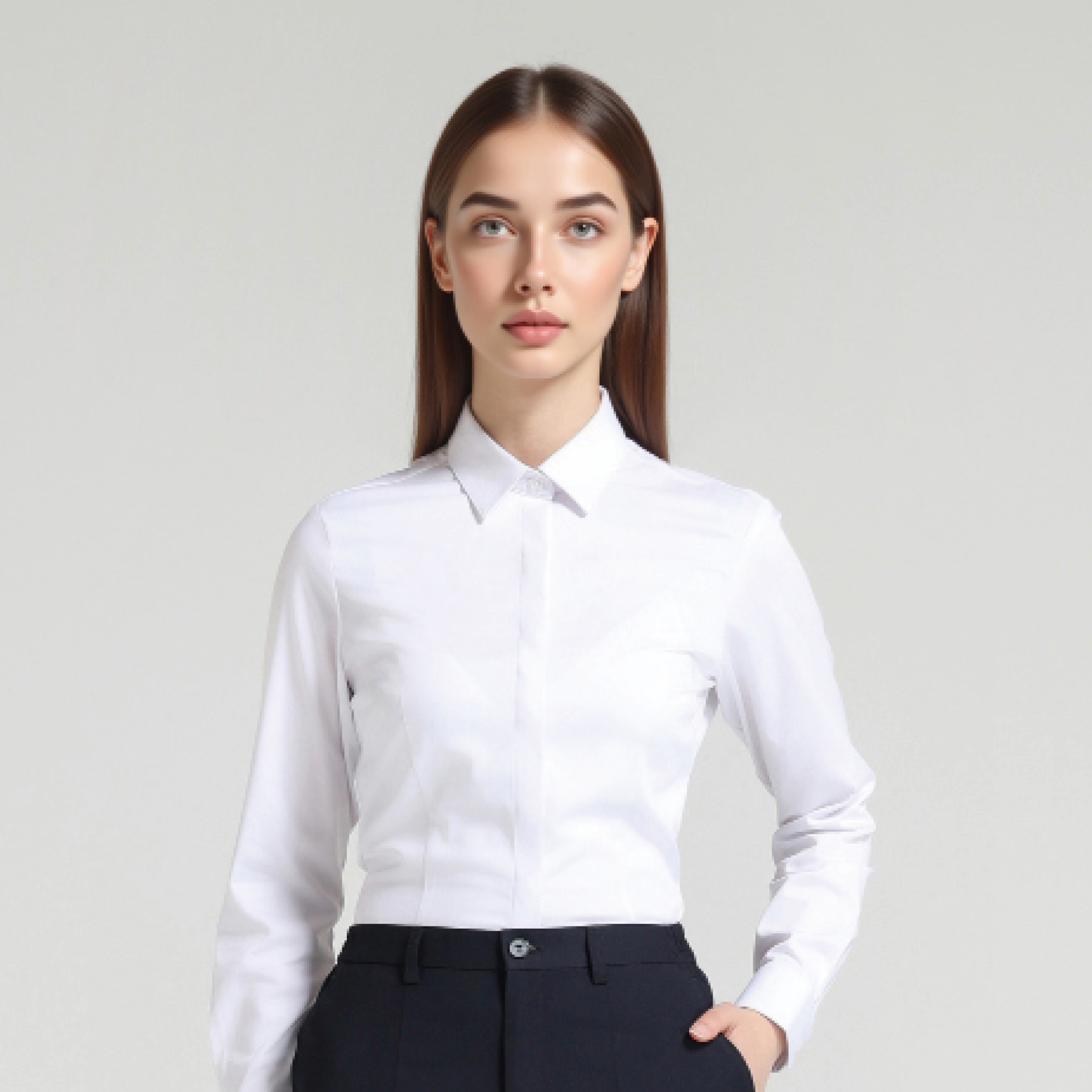 HT055-089 – White Women's Square-Collar Long-Sleeve Concealed-Placket 30% Bamboo Fiber Stretch Shirt