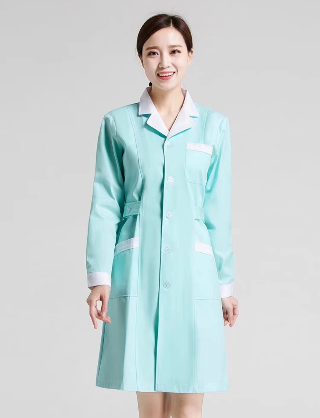 HT029-106 – Spring/Autumn Long-Sleeve Chlorine-Resistant Polyester-Cotton Heavy Twill Nurse Coat