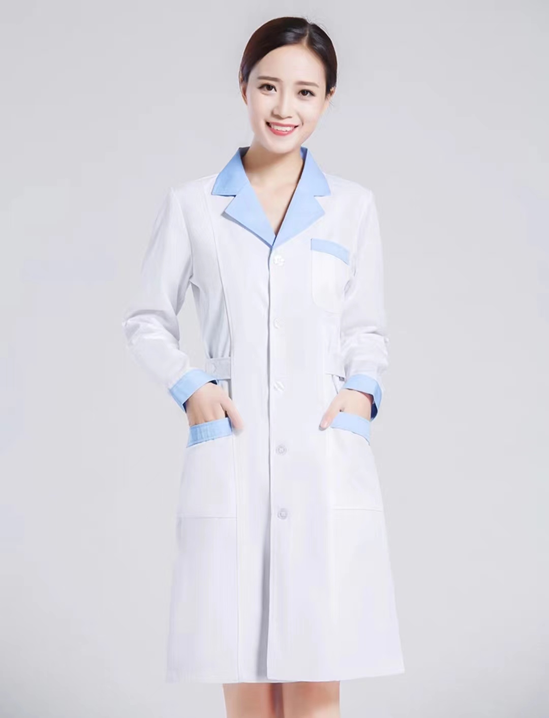 HT029-107 – Spring/Autumn Long-Sleeve Chlorine-Resistant Polyester-Cotton Heavy Twill Nurse Coat