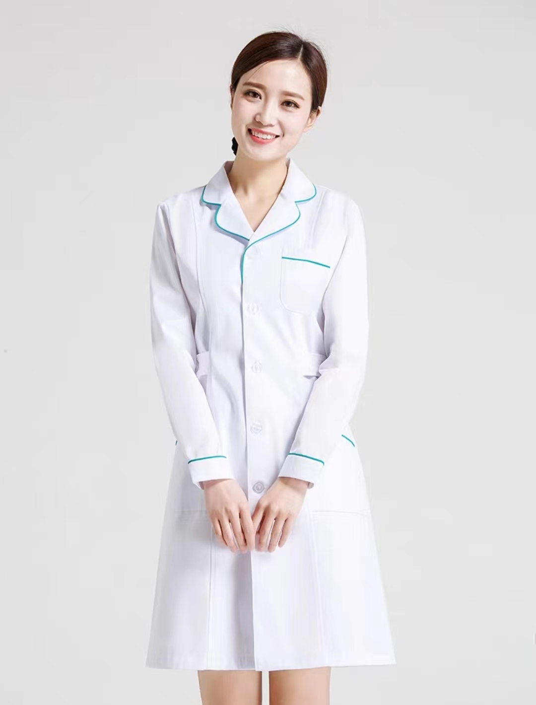 HT029-108 – Spring/Autumn Long-Sleeve Chlorine-Resistant Polyester-Cotton Heavy Twill Nurse Coat