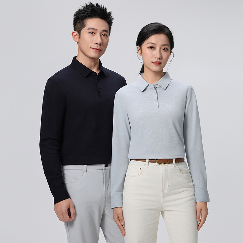 HT042-040 Premium 50S long-staple cotton colour‑matched button, offset placket, taped double-layer collar long-sleeve polo