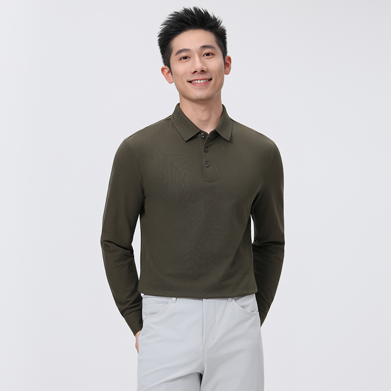 HT042-040 Premium 50S long-staple cotton colour‑matched button, offset placket, taped double-layer collar long-sleeve polo
