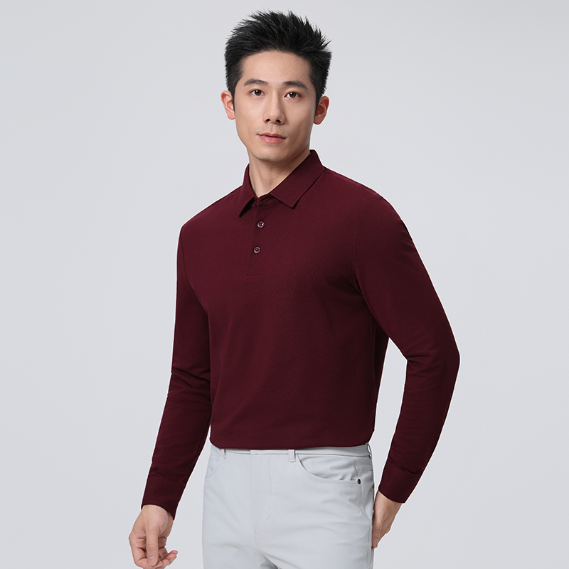 HT042-040 Premium 50S long-staple cotton colour‑matched button, offset placket, taped double-layer collar long-sleeve polo