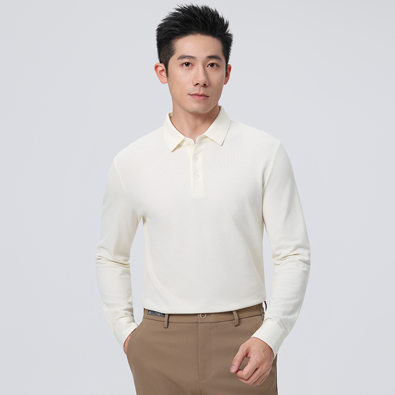 HT042-040 Premium 50S long-staple cotton colour‑matched button, offset placket, taped double-layer collar long-sleeve polo