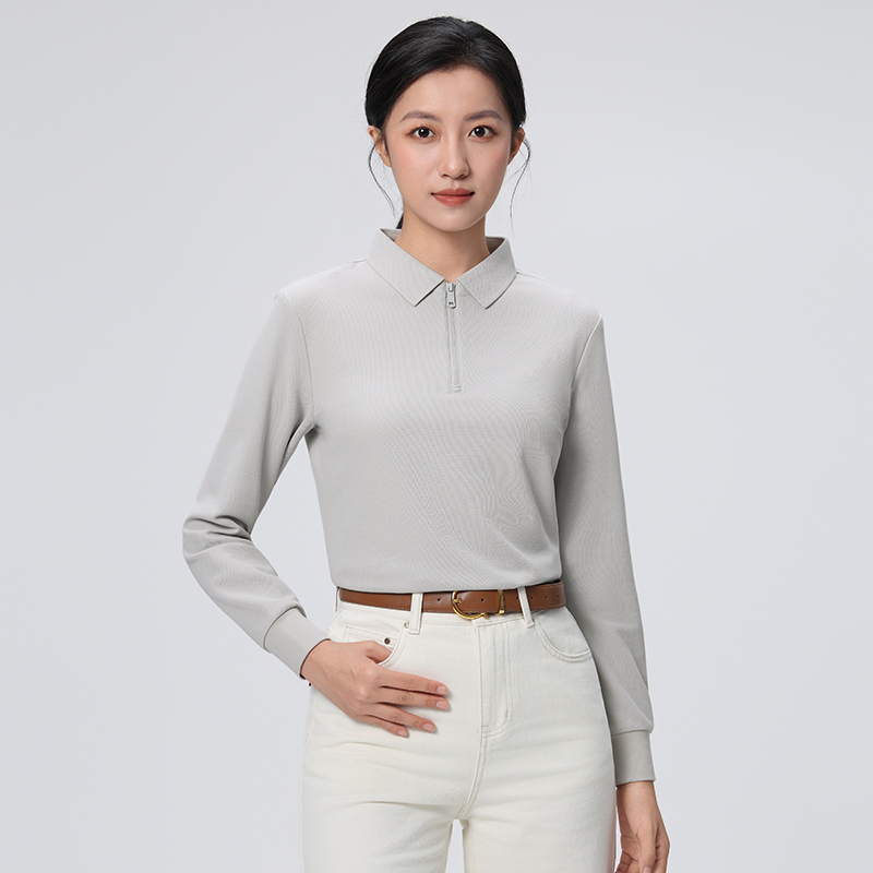 HT042-041 Premium heavy-weight 240g reverse‑piqué taped zipper‑front long-sleeve polo with polo collar
