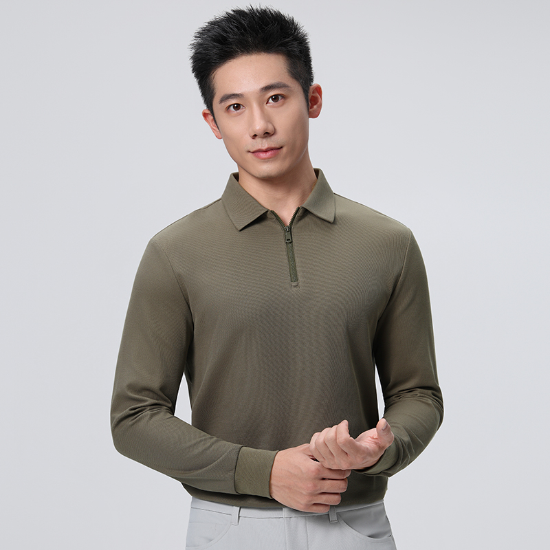 HT042-041 Premium heavy-weight 240g reverse‑piqué taped zipper‑front long-sleeve polo with polo collar