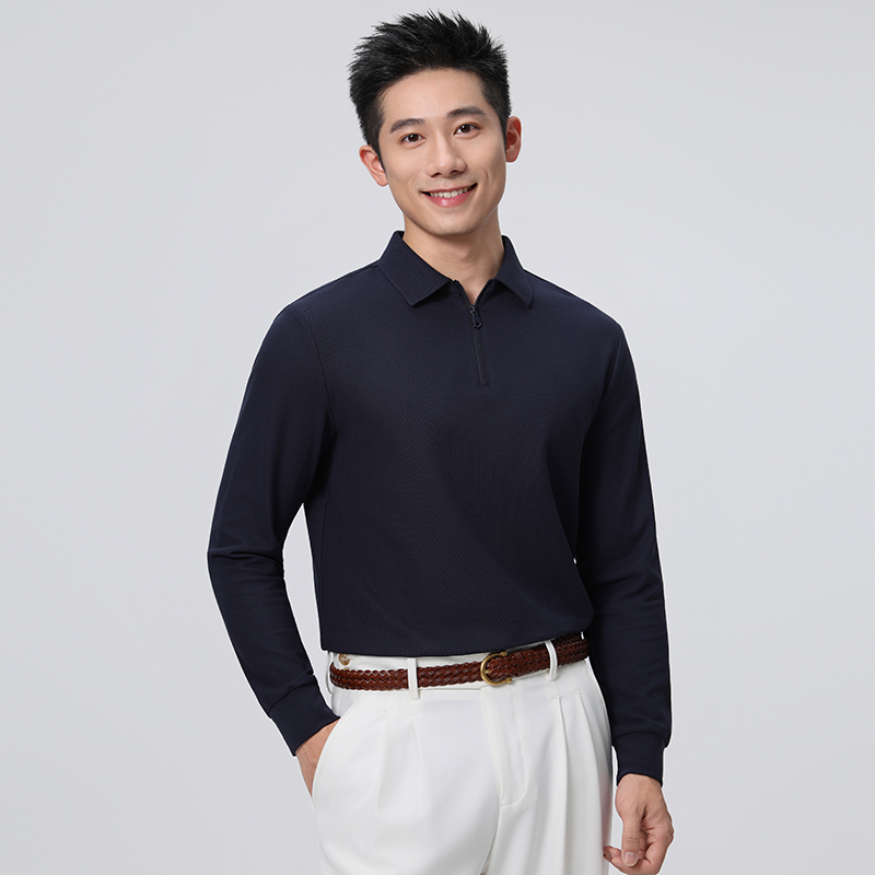 HT042-041 Premium heavy-weight 240g reverse‑piqué taped zipper‑front long-sleeve polo with polo collar