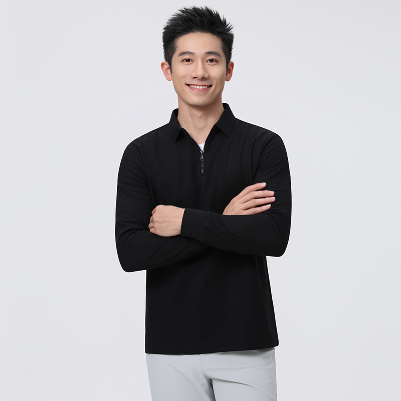 HT042-041 Premium heavy-weight 240g reverse‑piqué taped zipper‑front long-sleeve polo with polo collar