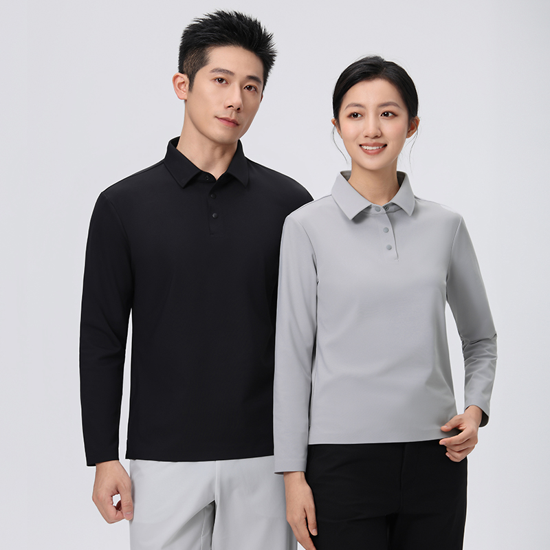 HT042-042 Premium brushed thermal‑feel seamless bonded double-layer collar with colour‑matched snap buttons, long-sleeve polo