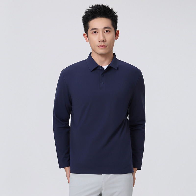 HT042-042 Premium brushed thermal‑feel seamless bonded double-layer collar with colour‑matched snap buttons, long-sleeve polo