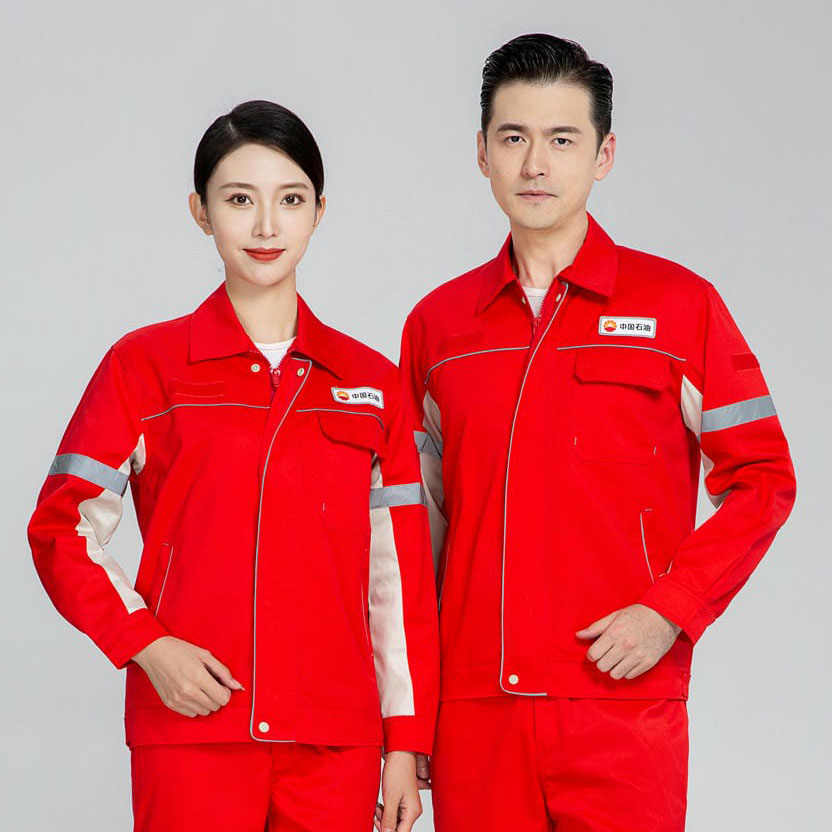 HT006-031 Polyester‑cotton 32s double‑ply serge bright‑red oil‑mesh anti‑static double‑layer spring/autumn workwear