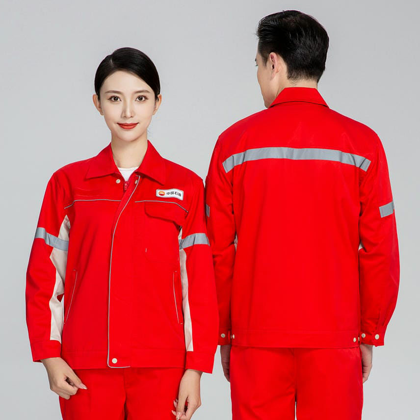HT006-031 Polyester‑cotton 32s double‑ply serge bright‑red oil‑mesh anti‑static double‑layer spring/autumn workwear